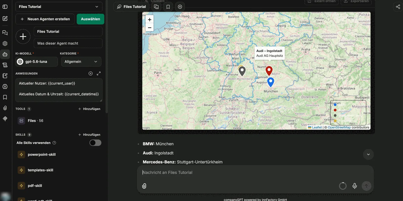 Interaktive Karte mit Markierungen der Hauptstandorte, Legende und dem Tooltip „Audi – Ingolstadt, Audi AG Hauptsitz"