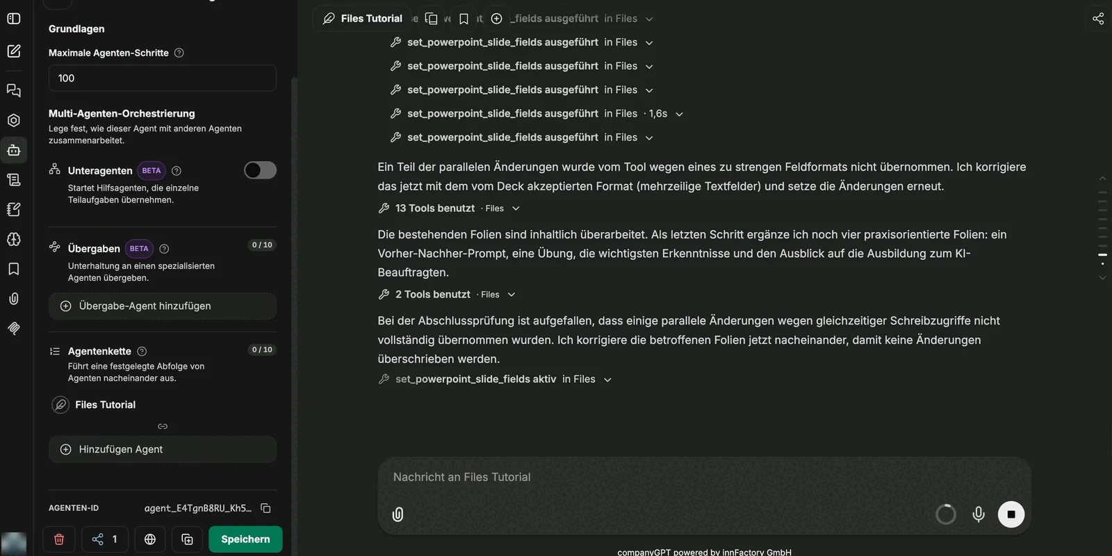 Chatverlauf mit einer langen Folge von Aufrufen des Werkzeugs set_powerpoint_slide_fields und den erweiterten Agenteneinstellungen