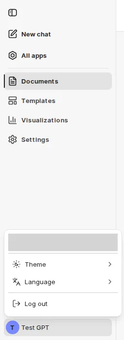 companyFILES sidebar with New chat, All apps, Documents, Templates, Visualizations and Settings, plus the open account menu with Theme, Language and Log out