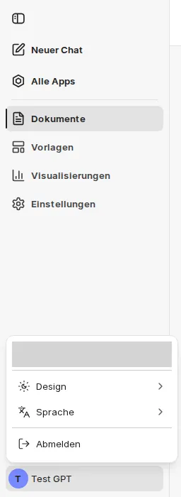 Seitenleiste von companyFILES mit Neuer Chat, Alle Apps, Dokumente, Vorlagen, Visualisierungen und Einstellungen sowie dem geöffneten Kontomenü mit Design, Sprache und Abmelden