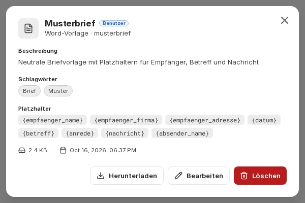 Detailansicht der Vorlage Musterbrief mit der Marke Benutzer, Beschreibung, Schlagwörtern, den erkannten Platzhaltern und den Schaltflächen Herunterladen, Bearbeiten und Löschen