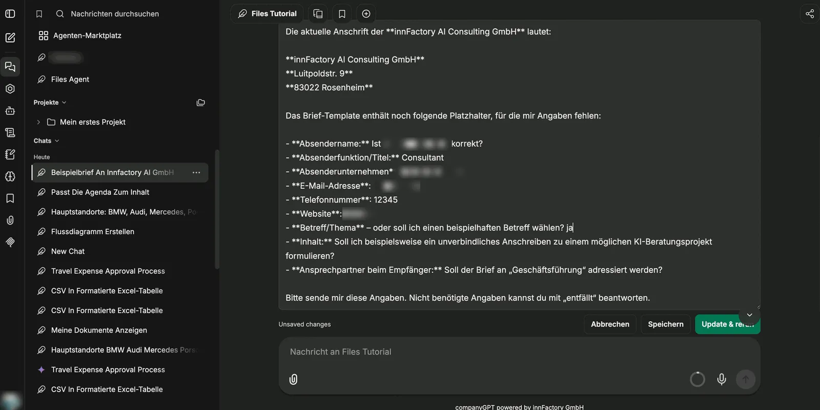 Chatantwort mit der Liste der offenen Platzhalter und der bearbeitbaren Nachricht mit den Schaltflächen Abbrechen, Speichern und Update & rerun
