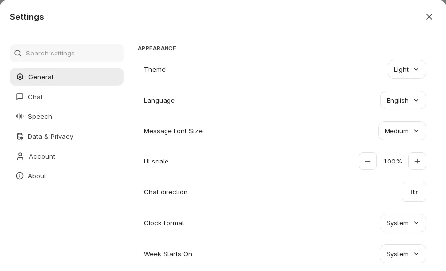 Settings, General section with the appearance options