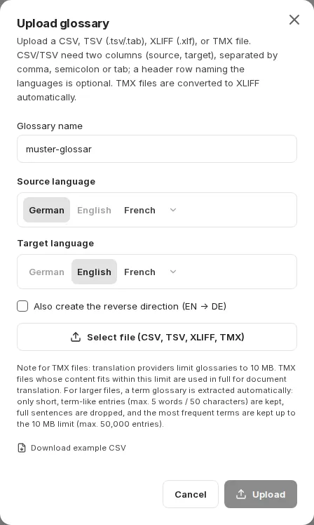 The upload glossary dialog with name, languages and format notes