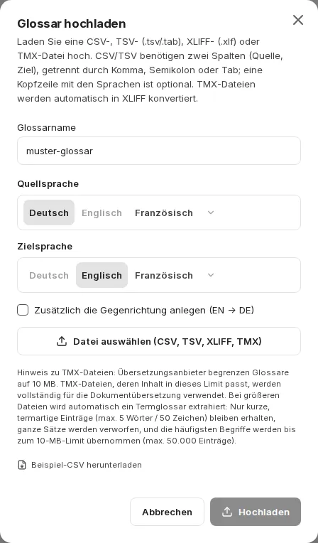 Dialog „Glossar hochladen“ mit Name, Sprachen und Formathinweisen