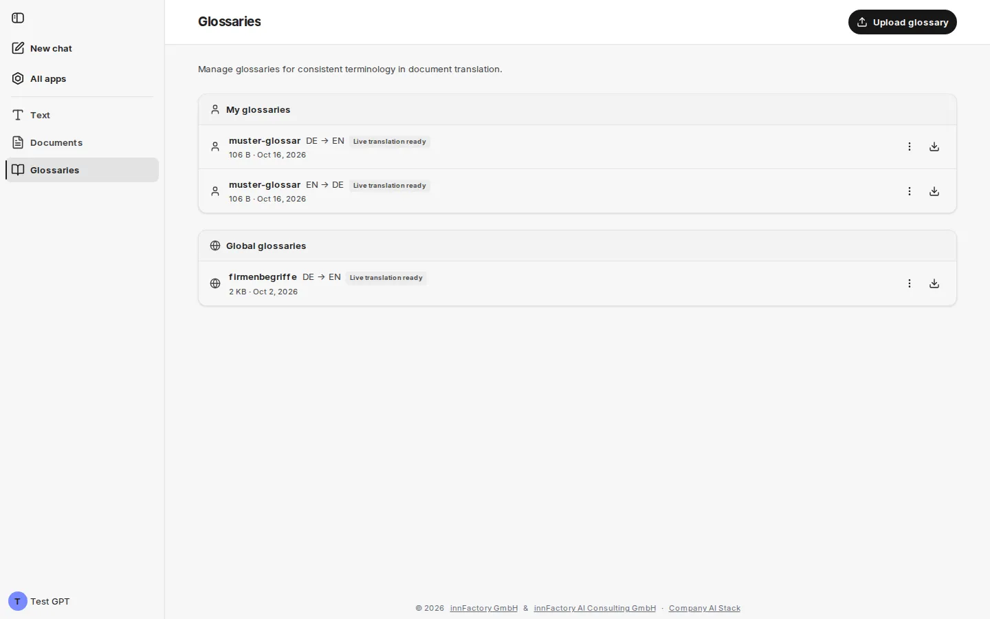 Glossary overview with personal and global glossaries