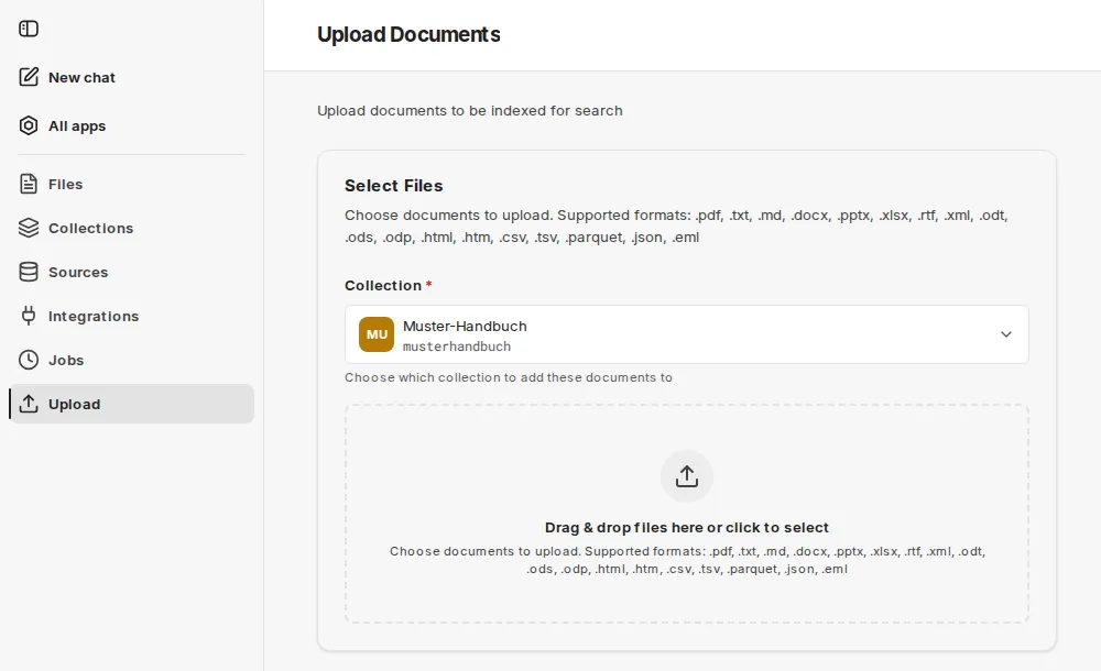 The "Upload Documents" page with collection selection, the list of supported formats and the drop area for files