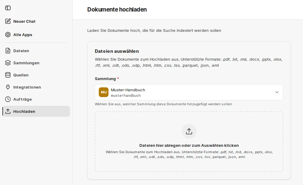 Seite „Dokumente hochladen“ mit Sammlungsauswahl, Liste der unterstützten Formate und Ablagefläche für Dateien