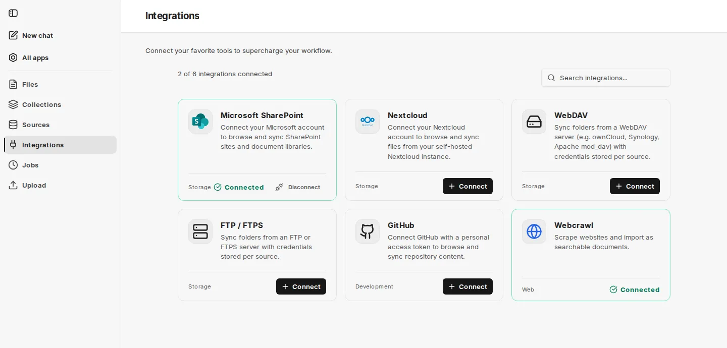 Integration overview with Microsoft SharePoint, Nextcloud, WebDAV, FTP / FTPS, GitHub and Webcrawl including category and connection status