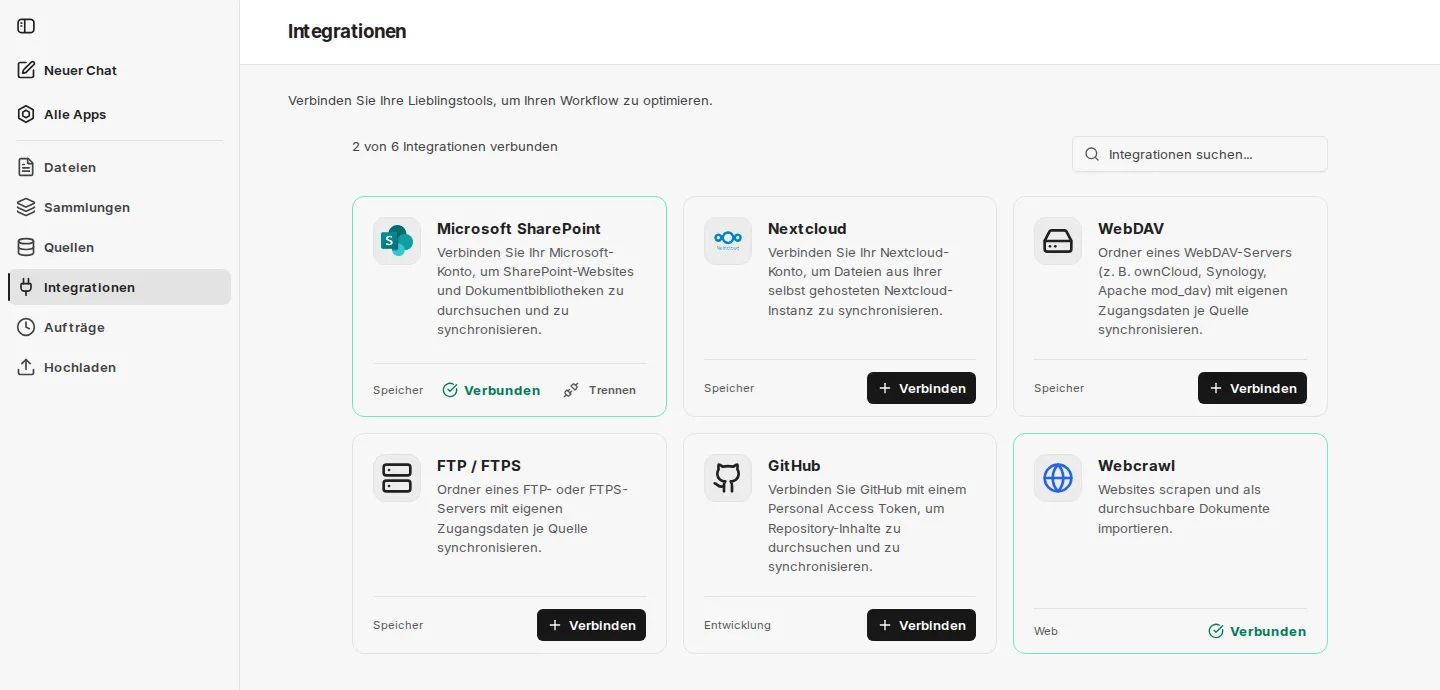 Integrationsübersicht mit Microsoft SharePoint, Nextcloud, WebDAV, FTP / FTPS, GitHub und Webcrawl samt Kategorie und Verbindungsstatus