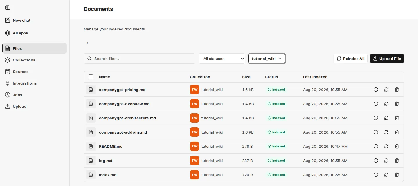 File list in companyRAG: the files of the bundle with collection tutorial_wiki and status Indexed