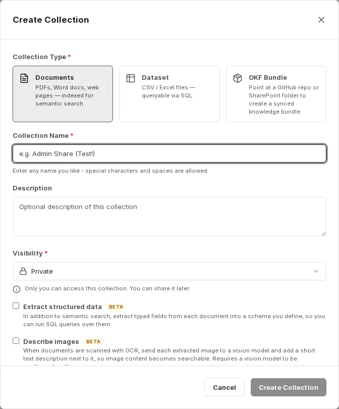 The "Create collection" dialog with the three collection types: documents, dataset and OKF bundle