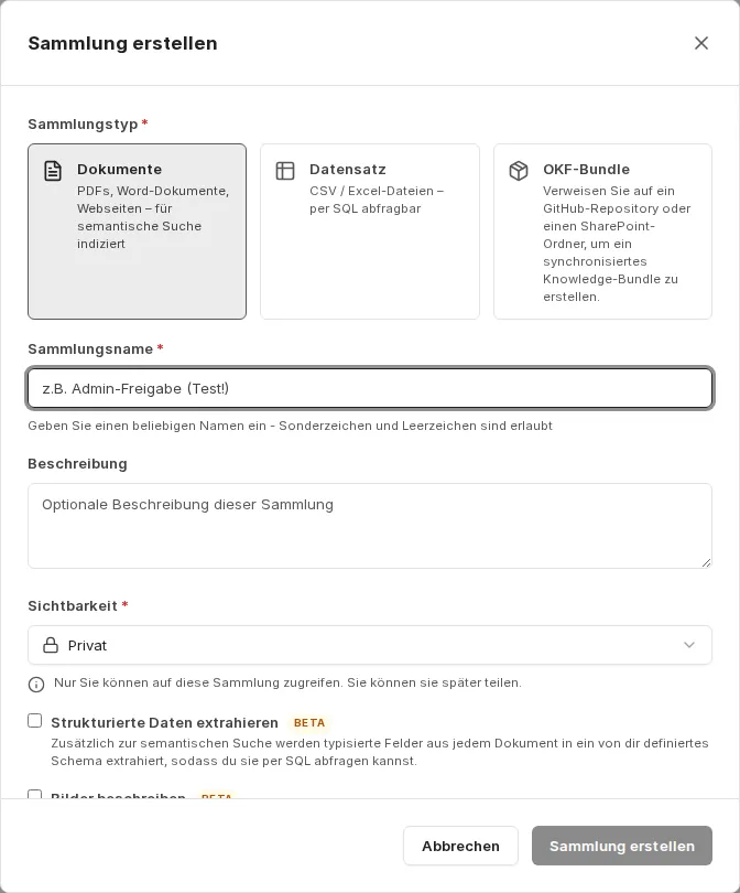 Dialog „Sammlung erstellen" mit den drei Sammlungstypen Dokumente, Datensatz und OKF-Bundle
