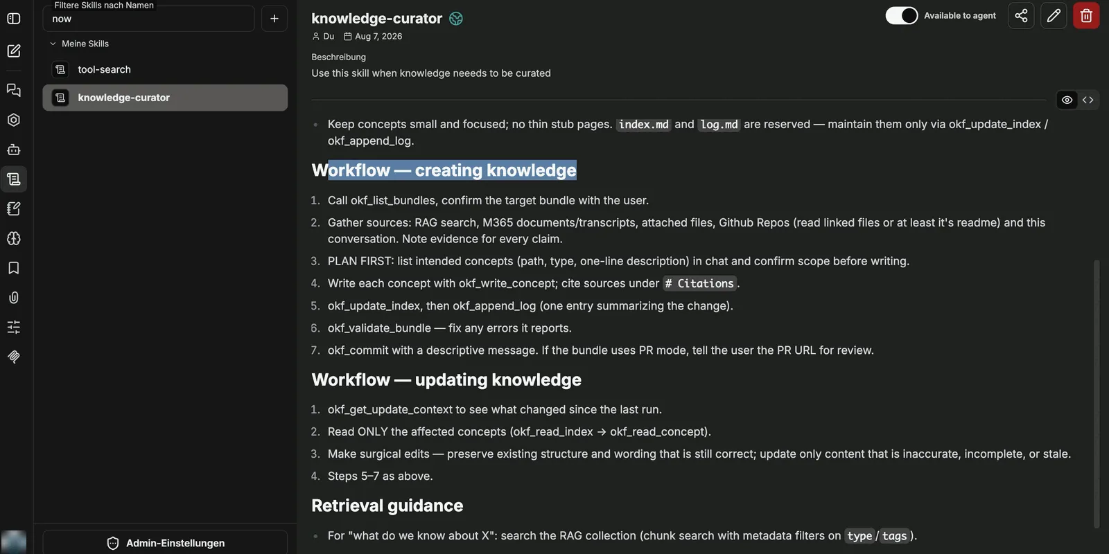 Detailansicht des Skills knowledge-curator mit den Regeln und den beiden Workflows