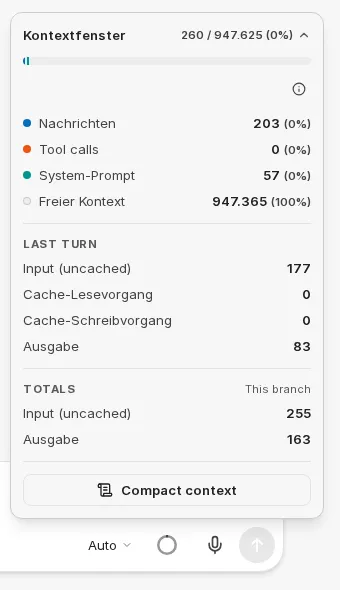 Aufgeklappte Kontextanzeige mit Aufschlüsselung, Werten der letzten Runde und Compact context