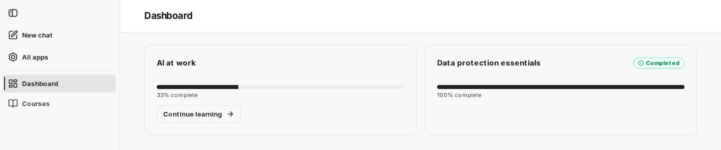 Dashboard with one course in progress and one completed course
