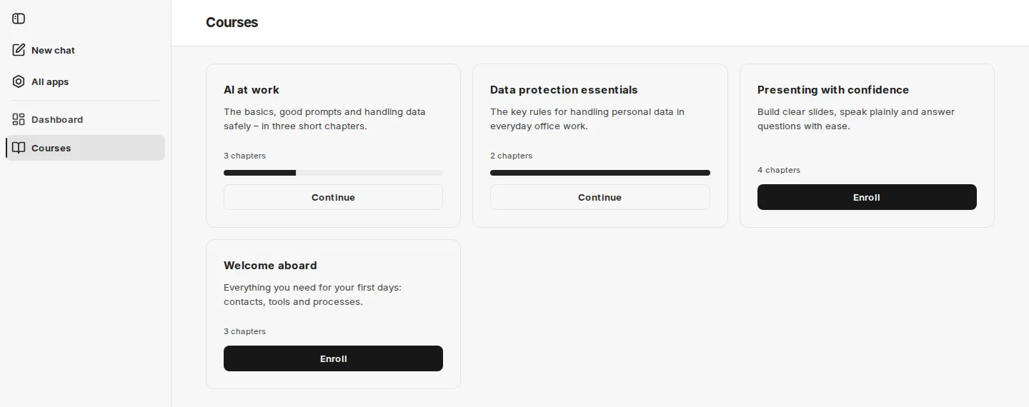 Course catalog with two enrolled courses showing progress bars and two courses with the Enroll button