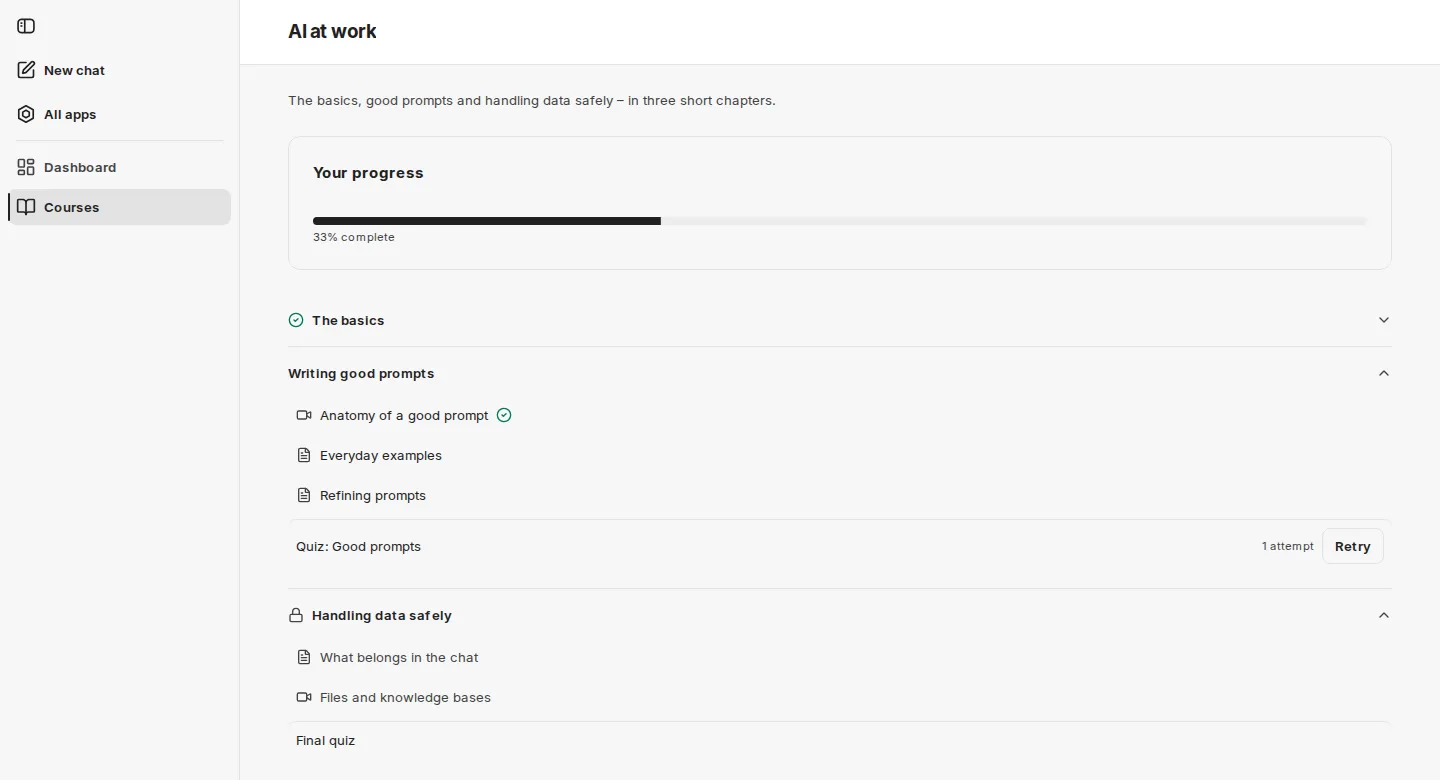 Course page with progress and one completed, one open and one locked chapter