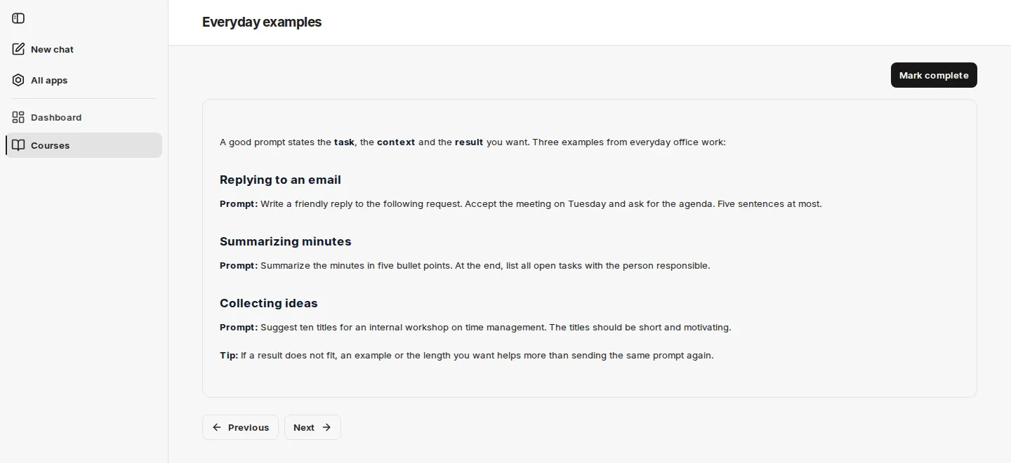 Text lesson with the Mark complete, Previous and Next buttons