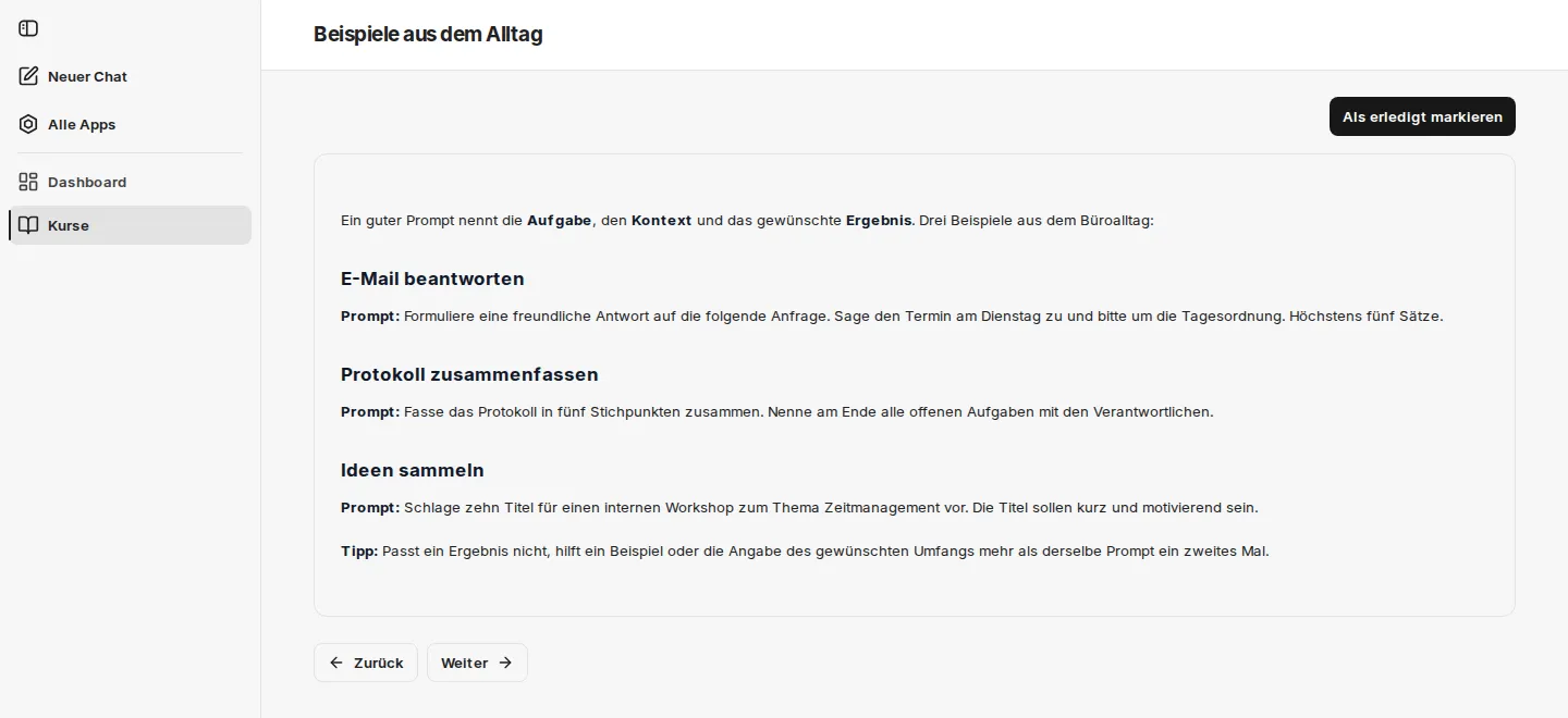Textlektion mit der Schaltfläche Als erledigt markieren sowie Zurück und Weiter