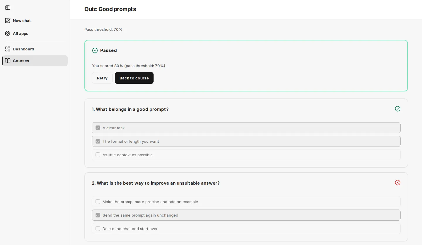 Quiz result Passed with 80% and the questions marked as correct or incorrect