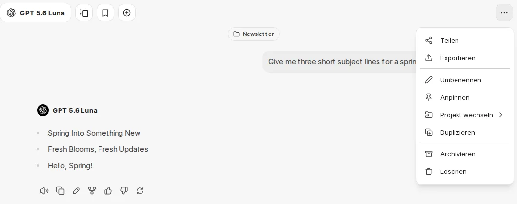 Geöffnetes Menü Chat options im Kopfbereich eines Chats