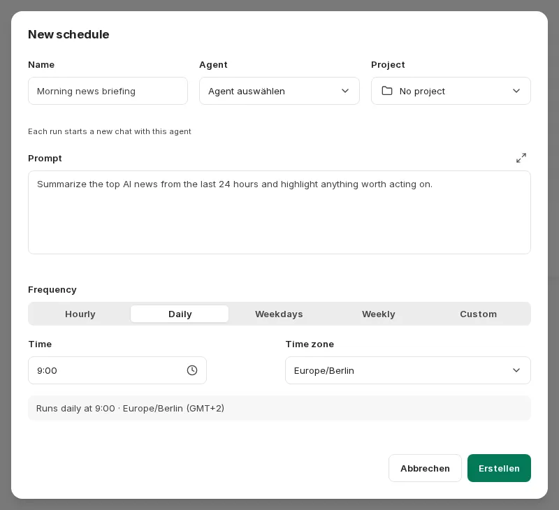 Dialog New schedule zum Anlegen eines geplanten Chats