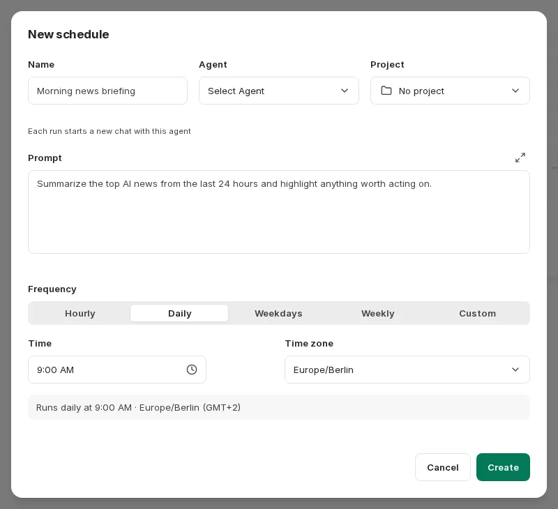 New schedule dialog for creating a scheduled chat