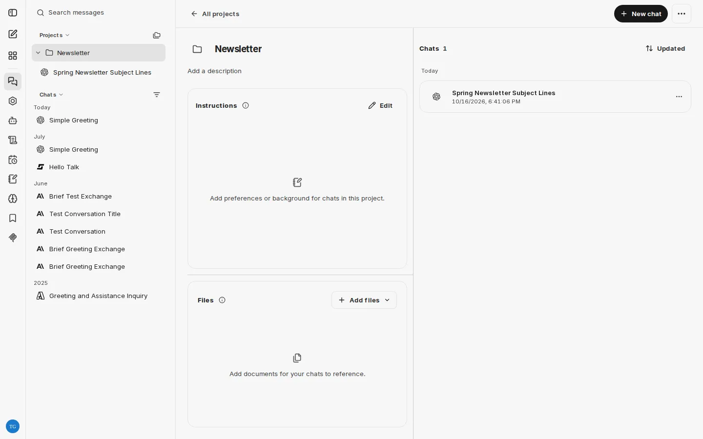Project workspace with Instructions, Files and the project's chats; on the left the project in the sidebar