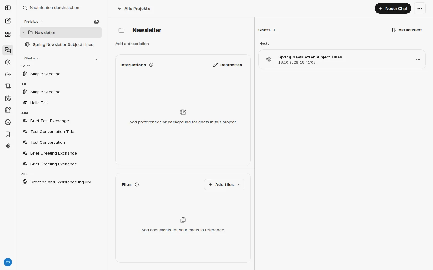 Projekt-Arbeitsbereich mit Instructions, Files und den Chats des Projekts; links das Projekt in der Seitenleiste