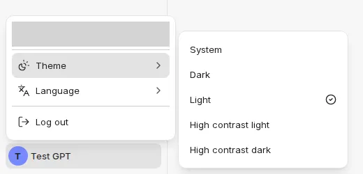 Open account menu with the Theme submenu; the email address is masked