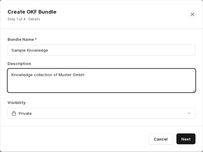 First step of the wizard with bundle name, description and visibility