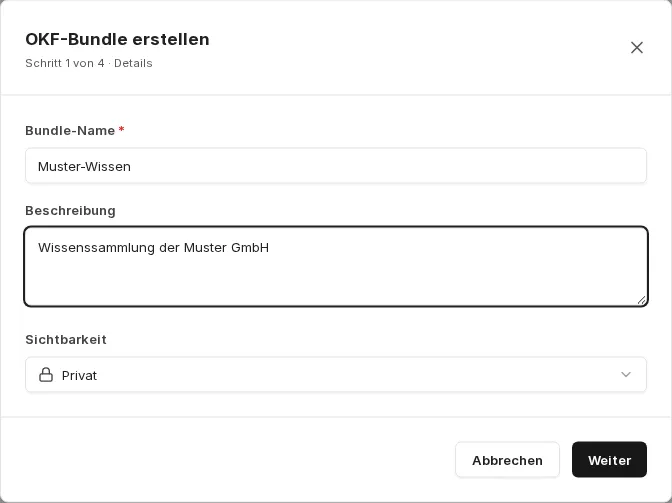 Erster Schritt des Assistenten mit Bundle-Name, Beschreibung und Sichtbarkeit