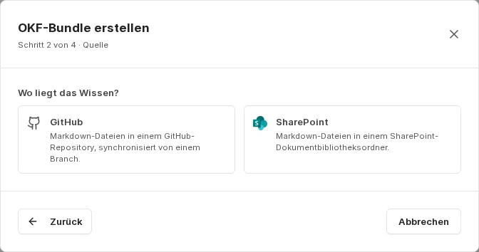 Auswahl zwischen GitHub und SharePoint als Speicherort