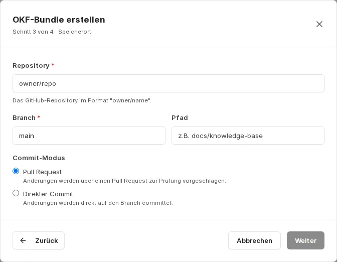 Speicherort mit Repository, Branch, Pfad und Commit-Modus