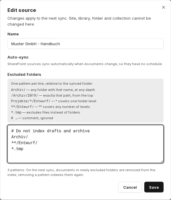 Editing a source with auto-sync and excluded folders