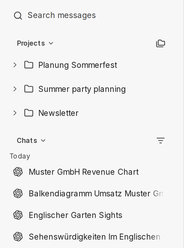 Chat history with search field, projects, and chats