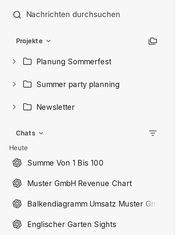 Chatverlauf mit Suchfeld, Projekten und Chats
