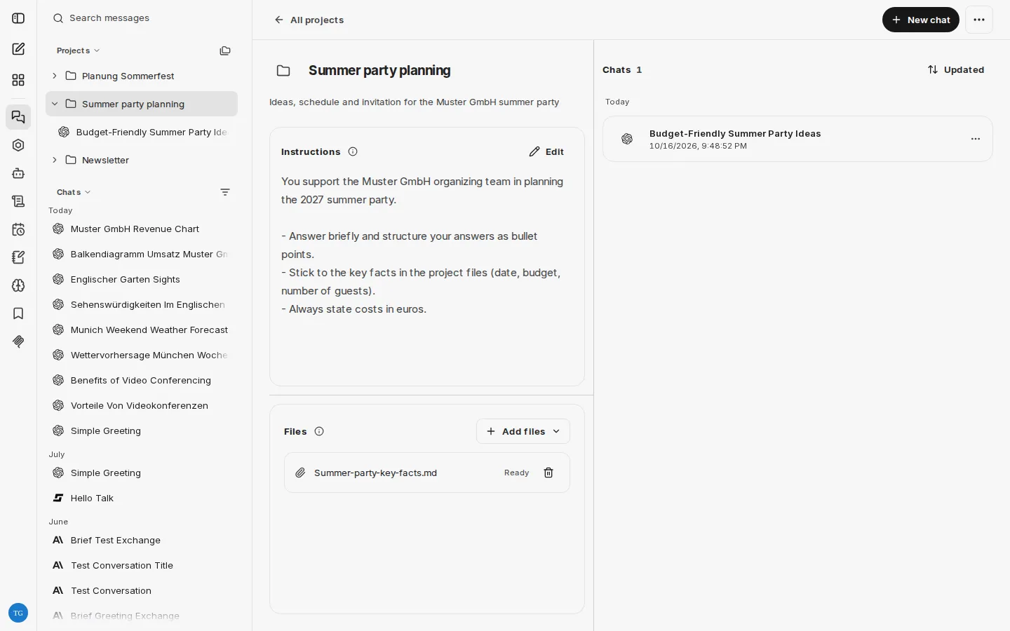 Project workspace with Instructions, a file under Files, and the project's chats; on the left, the project in the chat history