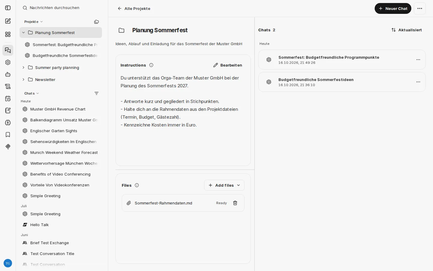 Projekt-Arbeitsbereich mit Instructions, einer Datei unter Files und den Chats des Projekts; links das Projekt im Chatverlauf