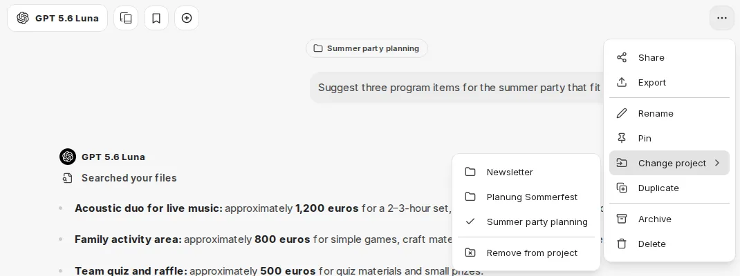 Chat options menu with the Change project submenu open: list of projects and Remove from project