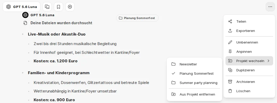 Menü Chat options mit geöffnetem Untermenü Projekt wechseln: Liste der Projekte und Aus Projekt entfernen