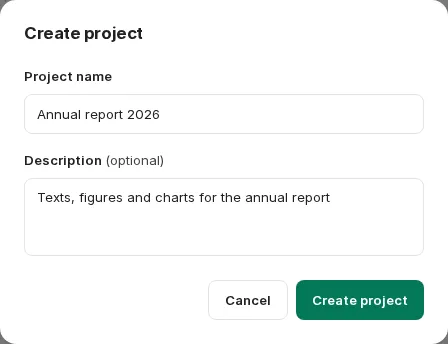 Create project dialog with project name and description