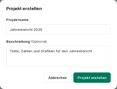 Dialog Projekt erstellen mit Projektname und Beschreibung