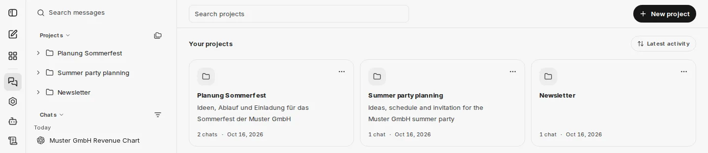 Project overview with search field, sorting, the New project button, and the projects as cards; on the left, the Projects area in the chat history