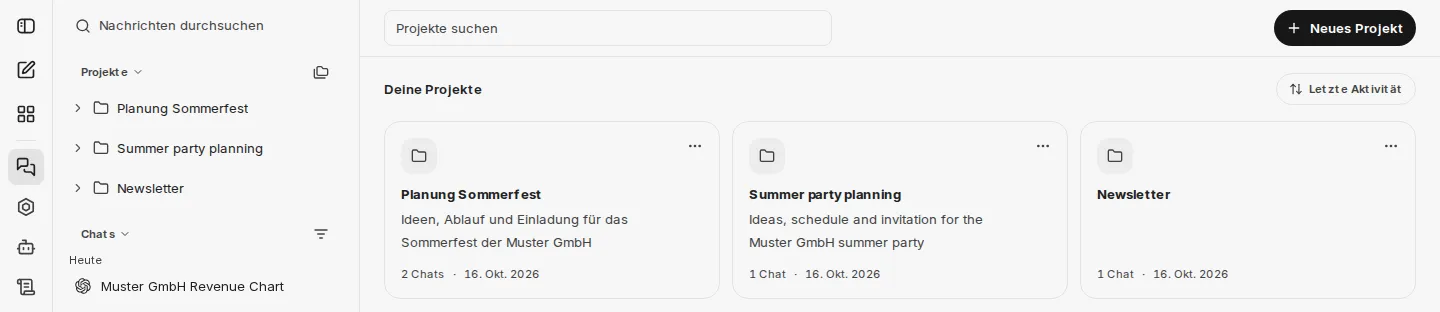 Projektübersicht mit Suchfeld, Sortierung, der Schaltfläche Neues Projekt und den Projekten als Karten; links der Bereich Projekte im Chatverlauf