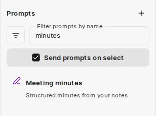 Prompts sidebar with filter, search field, plus icon, switch for sending on select, and a matching prompt
