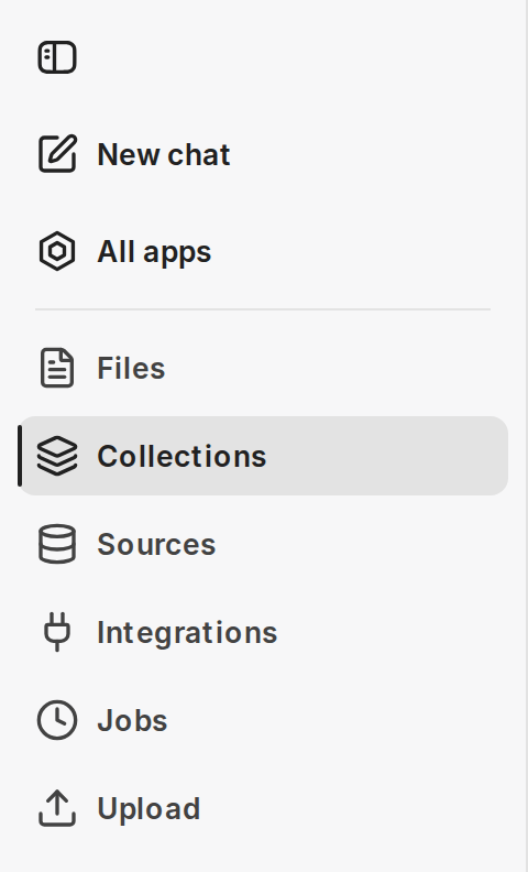 companyRAG sidebar with New chat, All apps and the areas Files, Collections, Sources, Integrations, Jobs and Upload