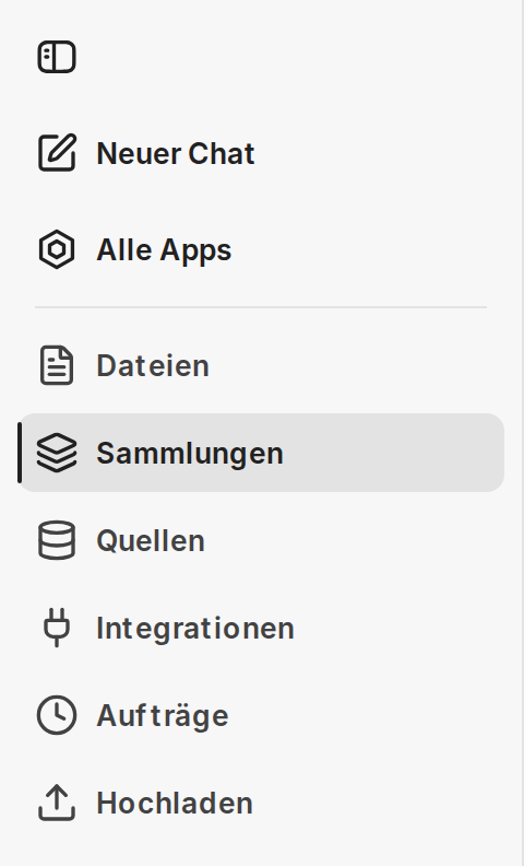 Seitenleiste von companyRAG mit Neuer Chat, Alle Apps und den Bereichen Dateien, Sammlungen, Quellen, Integrationen, Aufträge und Hochladen