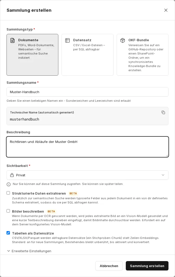 Dialog „Sammlung erstellen“ mit Sammlungstyp, Sammlungsname, technischem Namen, Beschreibung, Sichtbarkeit und den Optionen Strukturierte Daten extrahieren, Bilder beschreiben und Tabellen als Datensätze